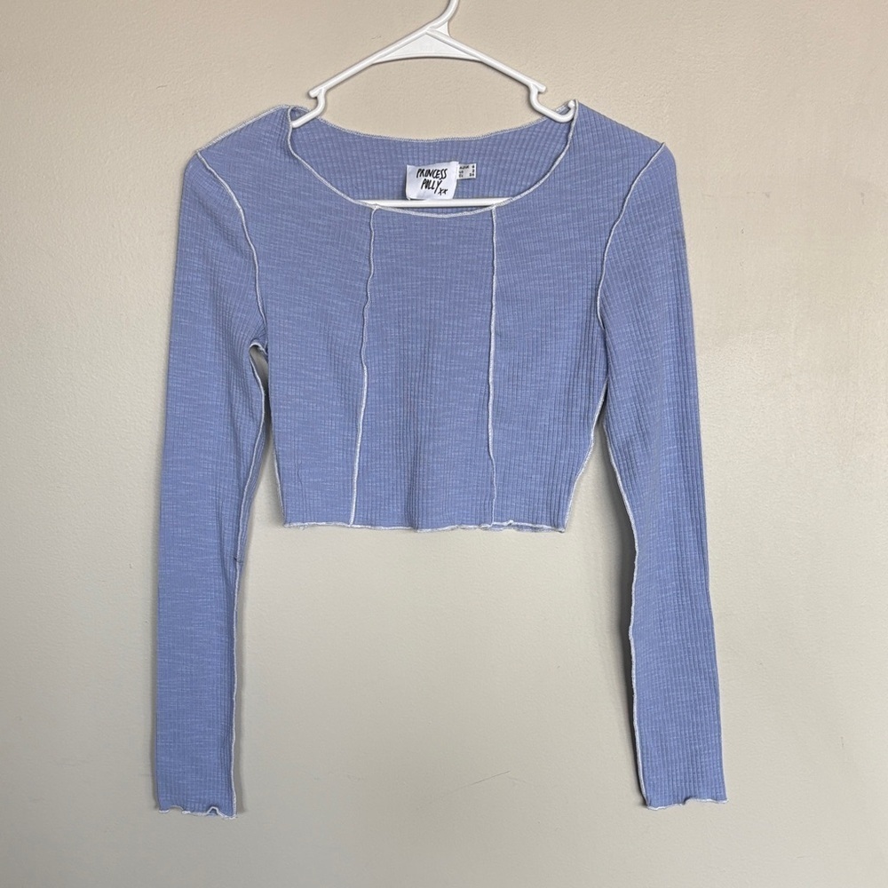 Princess Polly Blue Ribbed Contrast Seam Crop Top Size US 2